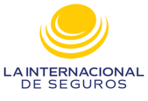 Logo de La Internacional de Seguros con un diseño circular amarillo en la parte superior, que parece ser un sol estilizado o un globo con tres líneas curvas debajo. Debajo del diseño, hay un texto en azul que dice 'LA INTERNACIONAL DE SEGUROS