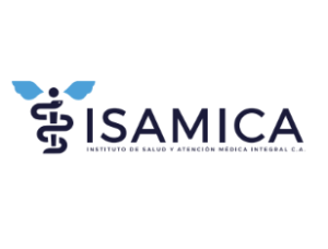 Logo de ISAMICA, Instituto de Salud y Atención Médica Integral C.A., con un caduceo estilizado y texto azul.